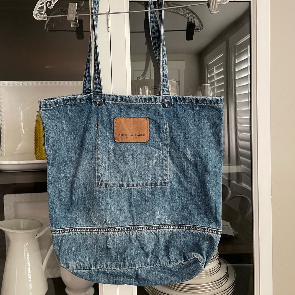 American Eagle Outfitters Tote Bag Distressed Denim Blue Jean Purse